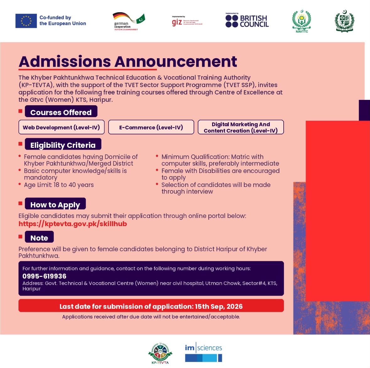 Government Technical and Vocational Training Centre for Women, KTS Haripur — Admissions Announcement