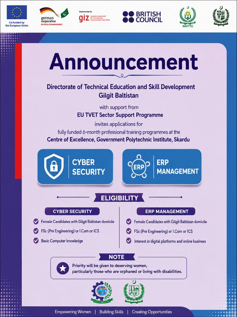 Centre of Excellence, Government Polytechnic Institute, Skardu — Admissions Announcement